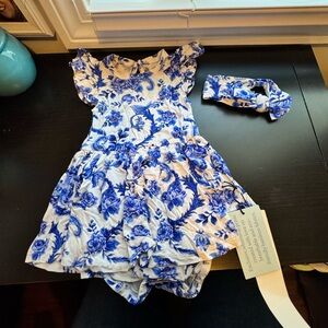 Blue and White Floral Twirl Romper with Headband